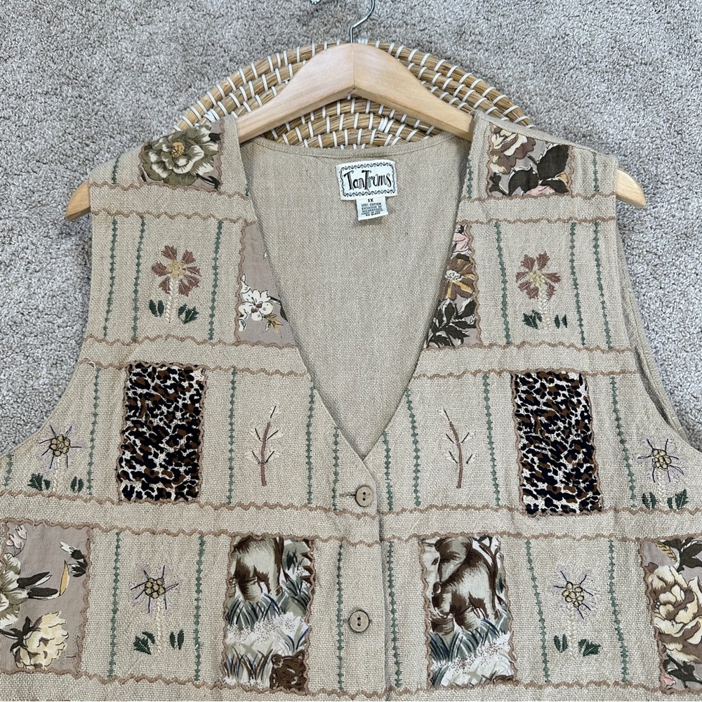 Tantrums Vintage Floral Embroidered Safari Patchwork Woven Cotton Vest in Tan 1X - Picture 2 of 9